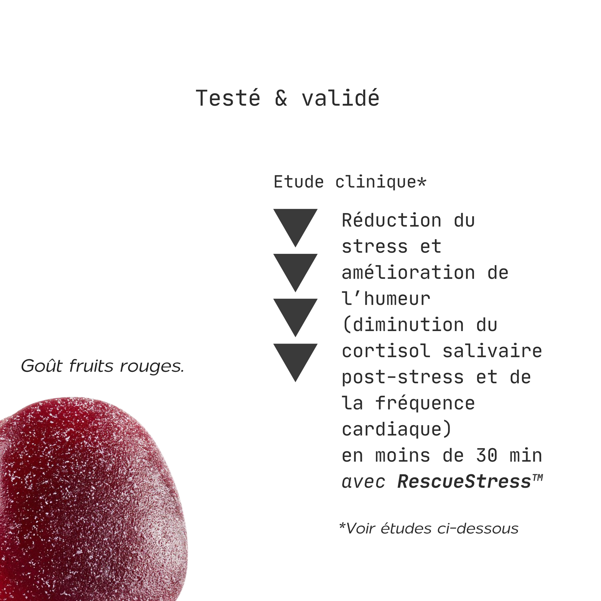 Infographie RescueStress DailyHack : étude clinique montrant la réduction du stress et du cortisol en moins de 30 min, goût fruits rouges