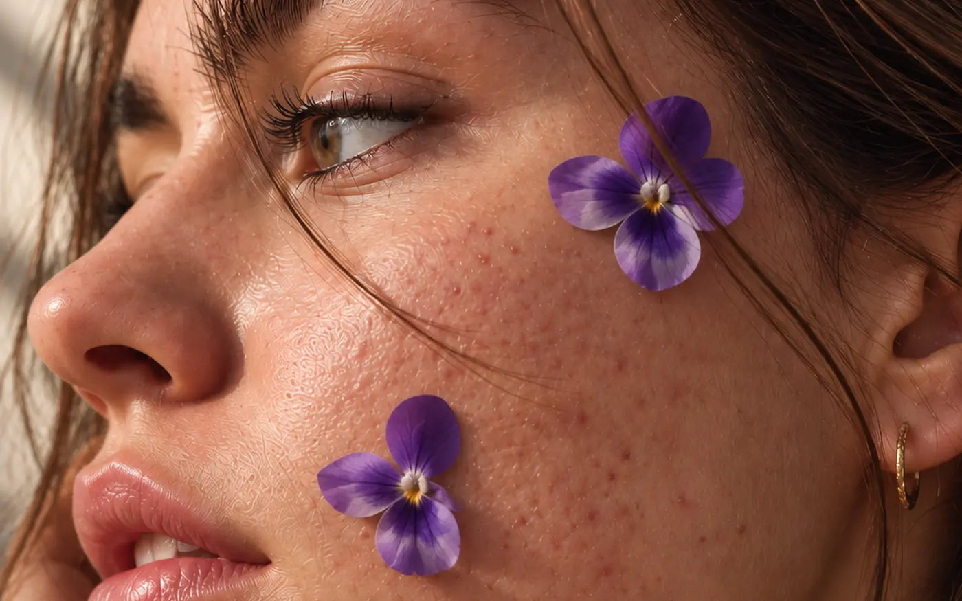 Profil d'une femme à la peau imparfaite, ornée de fleurs de violette